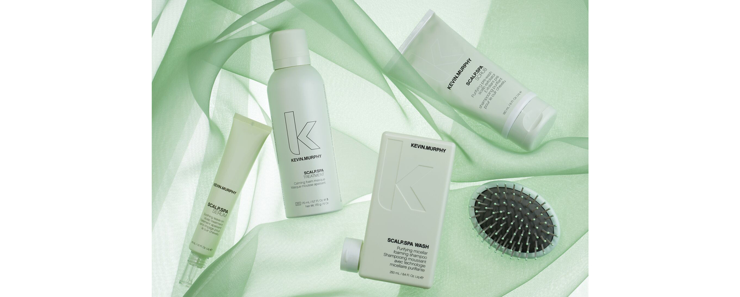 KEVIN.MURPHY Scalp Spa products on mint-green silk backdrop.